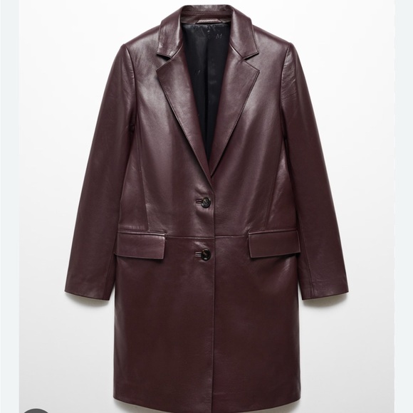Mango Burgundy Long Leather Jacket